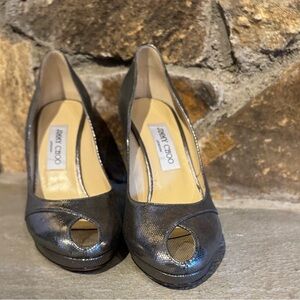 Jimmy Choo Metallic Gray Peep-Toe Leather Pumps